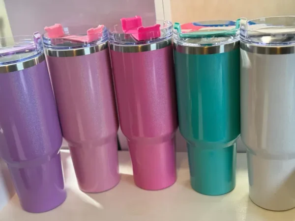 40 oz sublimation shimmer- color blank tumbler with handle and straw. stainless steel double wall vacuum insulated travel mug.