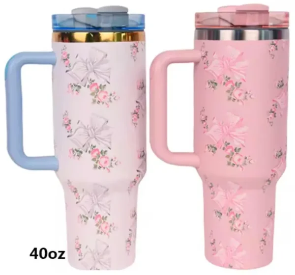Stanley Dupes LoveShack fancy Quencher Inspired Tumbler 40oz, H2O tumbler without logo Gift with a straw and a box,Bow tumbler