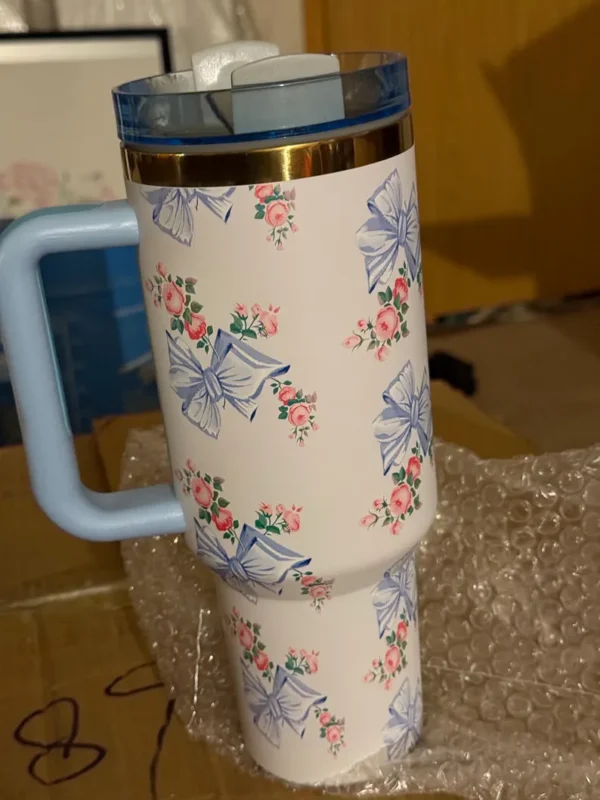Stanley Dupes LoveShack fancy Quencher Inspired Tumbler 40oz, H2O tumbler without logo Gift with a straw and a box,Bow tumbler - Image 2