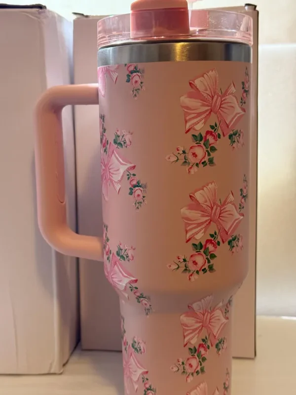 Stanley Dupes LoveShack fancy Quencher Inspired Tumbler 40oz, H2O tumbler without logo Gift with a straw and a box,Bow tumbler - Image 4
