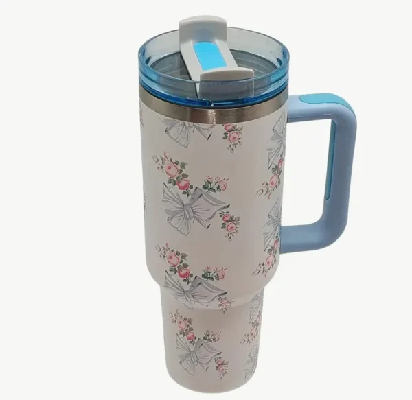 Stanley Dupes LoveShack fancy Quencher Inspired Tumbler 40oz, H2O tumbler without logo Gift with a straw and a box,Bow tumbler - Image 3