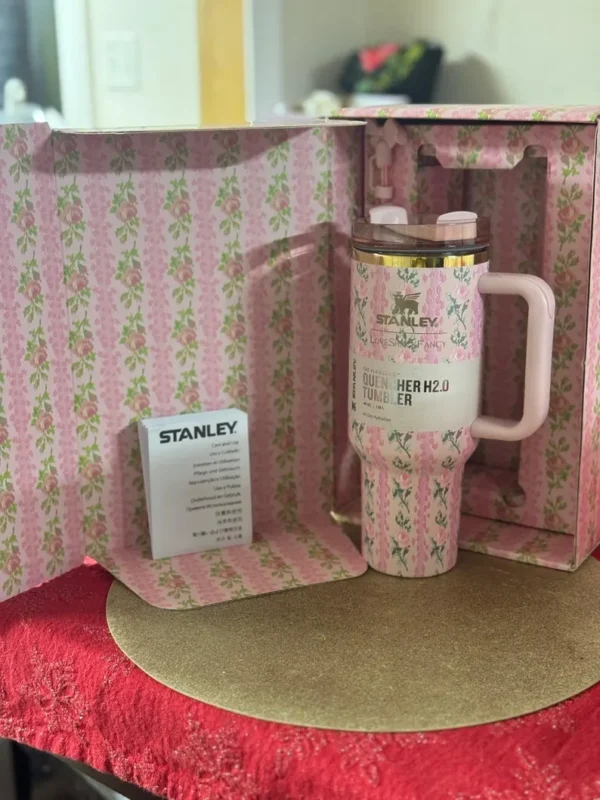 Stanley Dupes LoveShack fancy Quencher Tumbler 40oz/14oz, H2O tumbler Gift with a straw, straw topper and a Gift box - Image 6