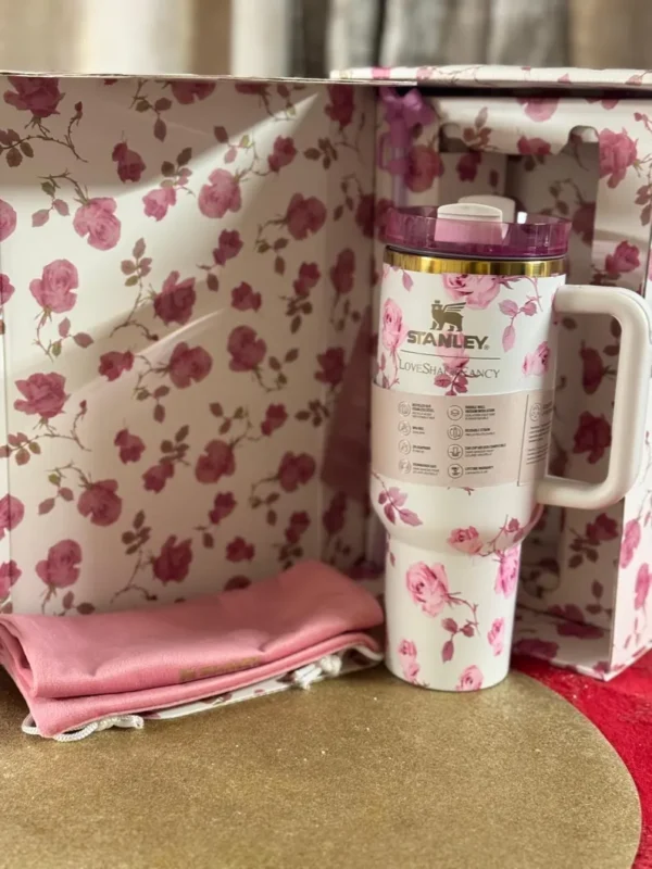 Stanley Dupes LoveShack fancy Quencher Tumbler 40oz/14oz, H2O tumbler Gift with a straw, straw topper and a Gift box - Image 4