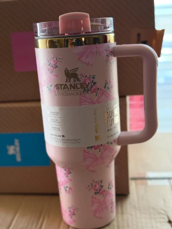 Stanley Dupes LoveShack fancy Quencher Tumbler 40oz/14oz, H2O tumbler Gift with a straw, straw topper and a Gift box - Image 2